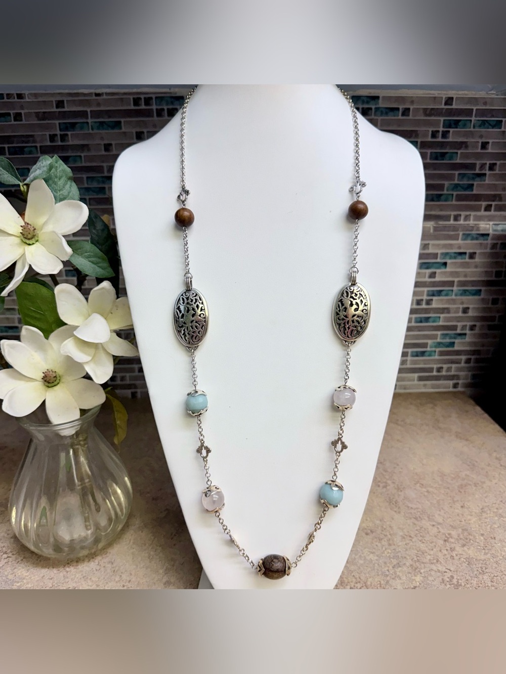 Brighton Somgbird Long Station Necklace Silver Plated Rose Quartz Amazonite Wood